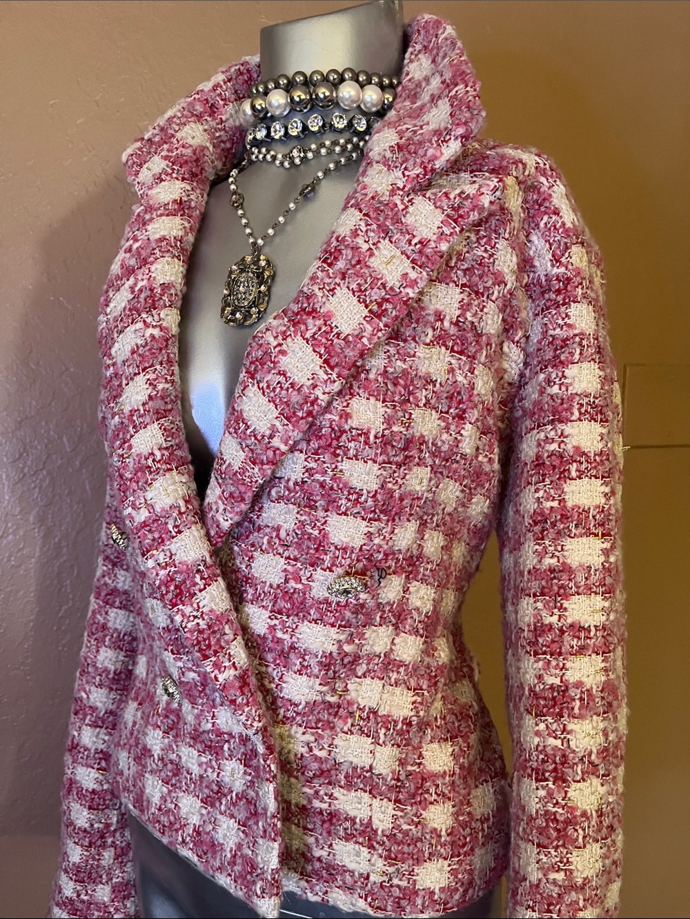 Aqua Kerri Rosenthal Pink & White Tweed Blazer Jacket. Sz XL. - Picture 3 of 6